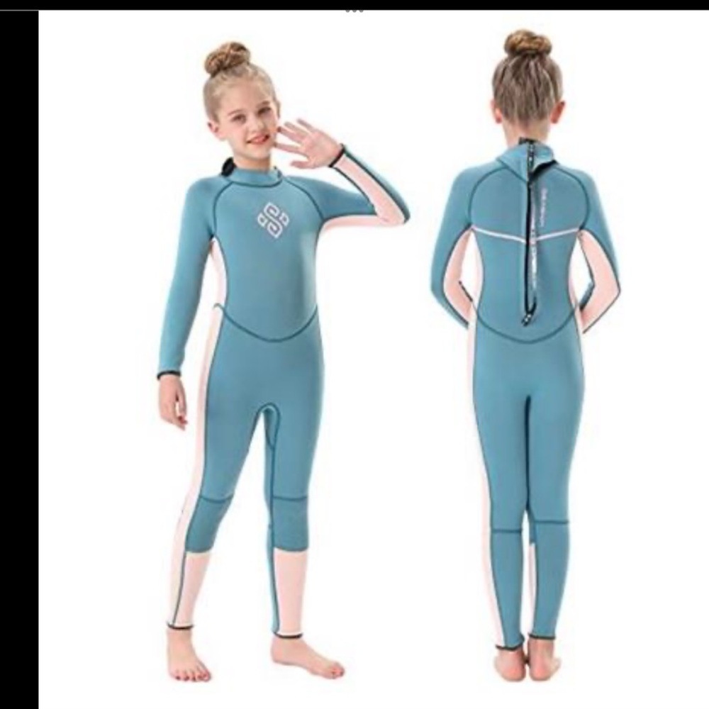 Kids Full-Body Long Sleeve Teal and Pink Rash Guard Wetsuit